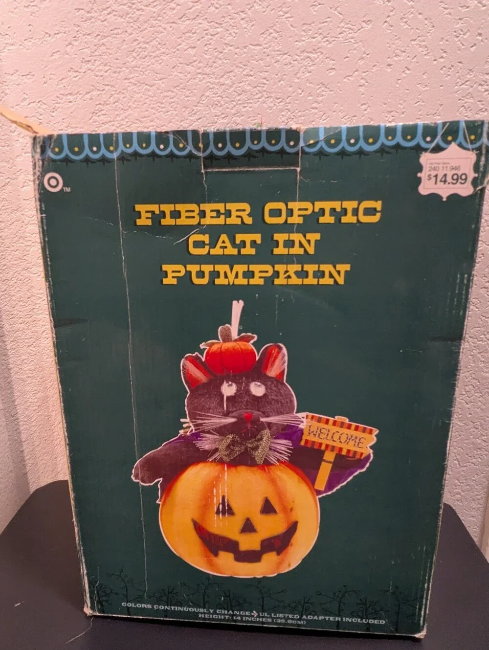 Vintage Halloween Fiber Optic Black Cat In Pumpkin Hat Cape in Pumpkin 12